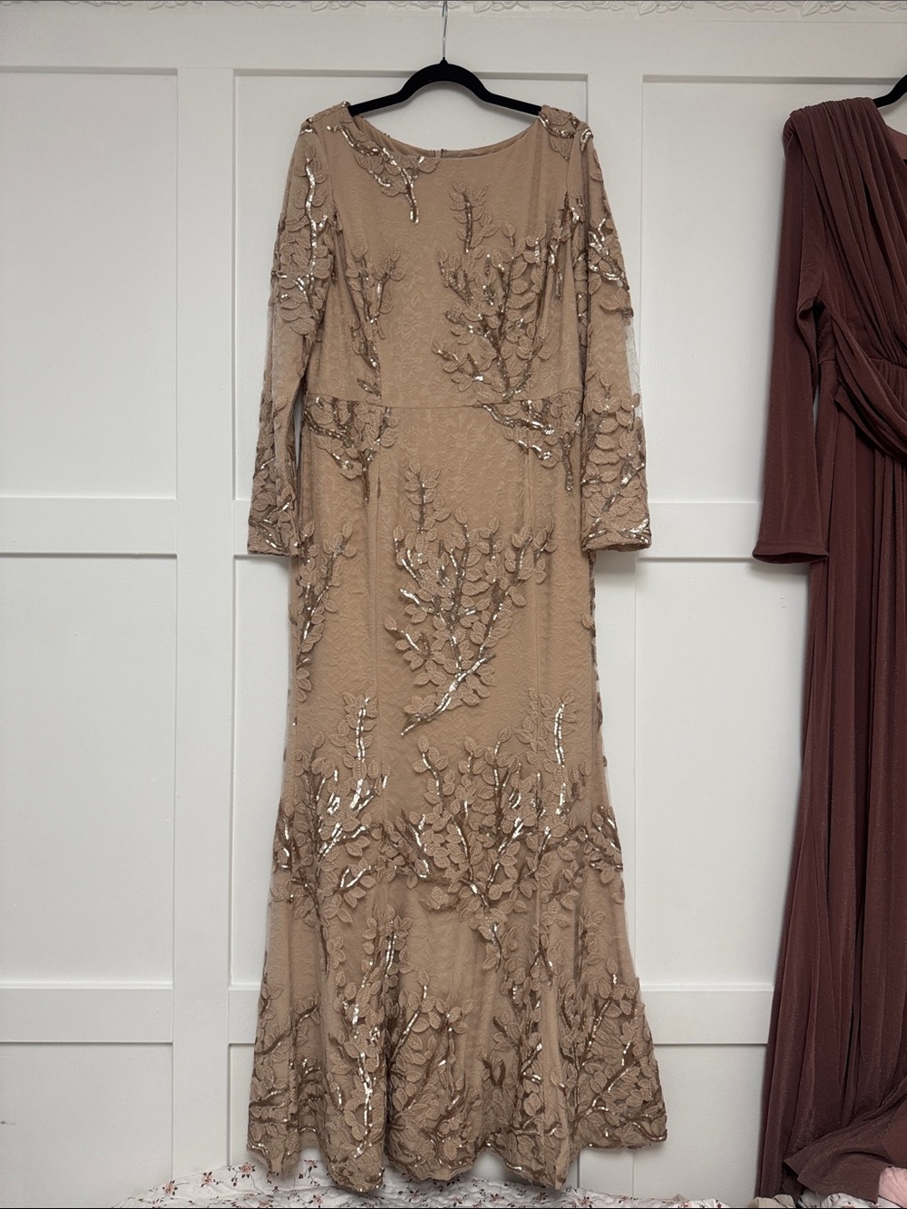 Ralph Lauren Taupe Long Sleeve Sequin Appliqué Gown
